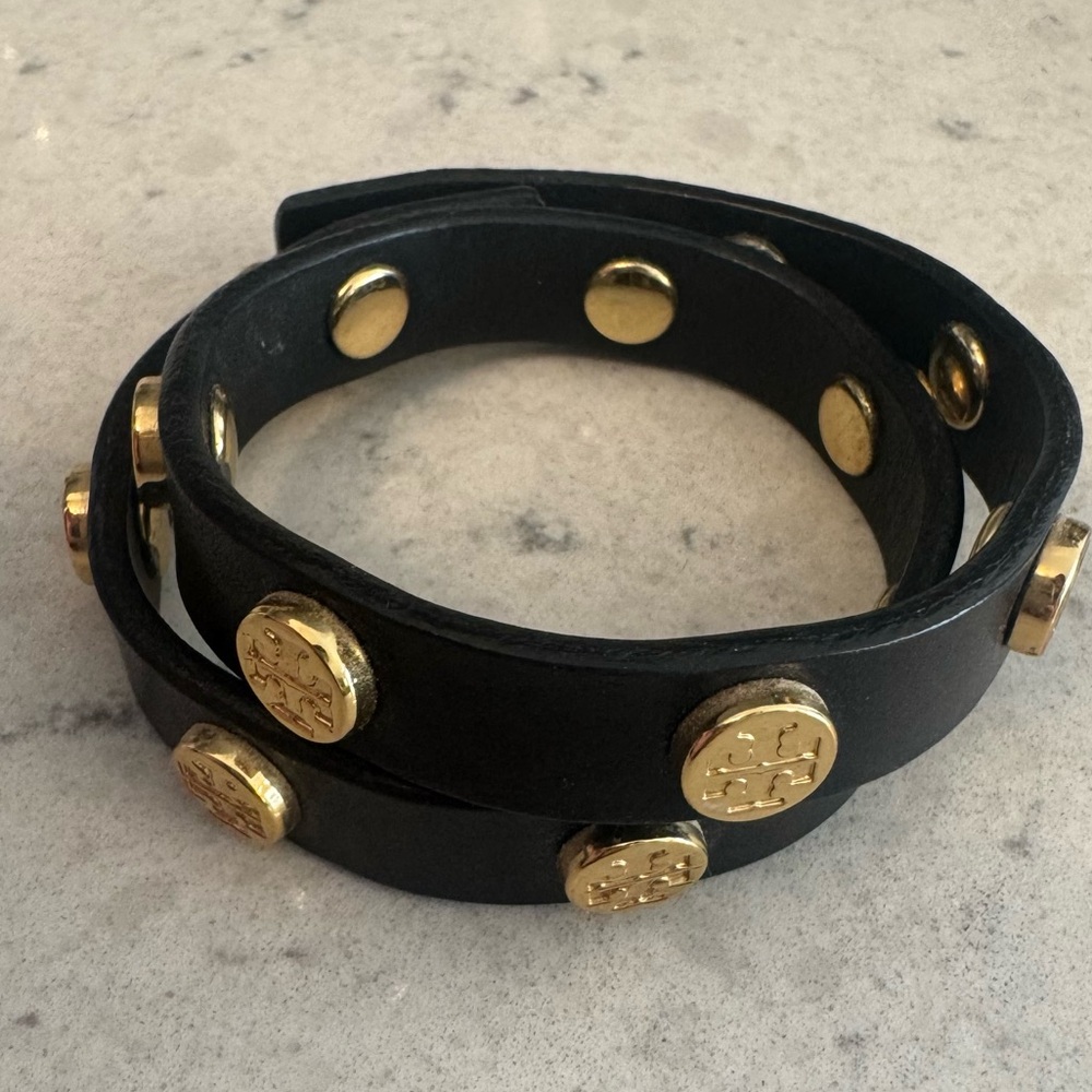 Tory Burch Black Leather Double-Wrap Bracelet with Gold Logo Studs